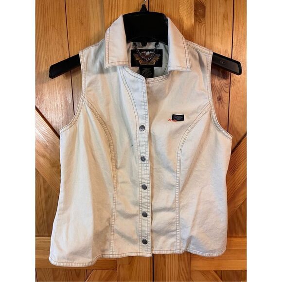 Harley Davidson Motorcyles cream cotton denim jean metal snaps vest, med (2673) - Picture 1 of 5